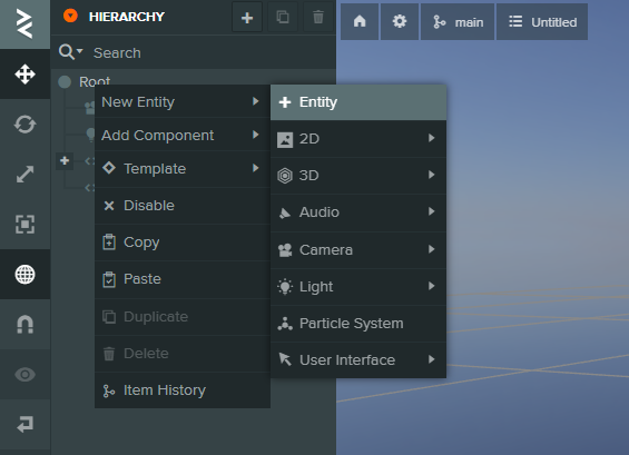 Creating a new entity in the Playcanvas Editor Hierarchy