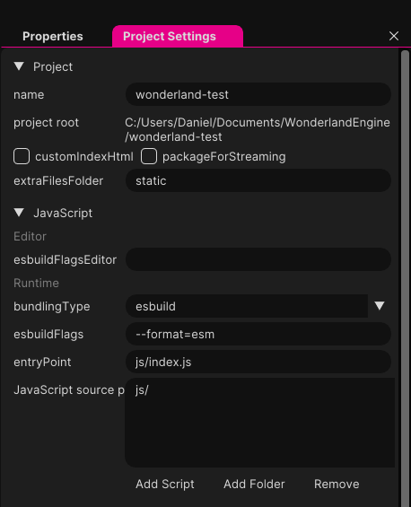 The Wonderland Engine Project Settings view.