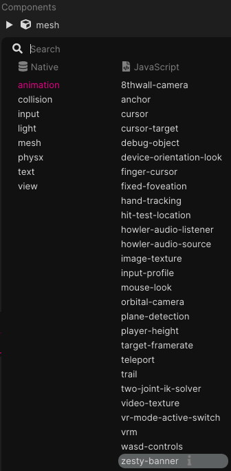 The Zesty Banner component in the component list.